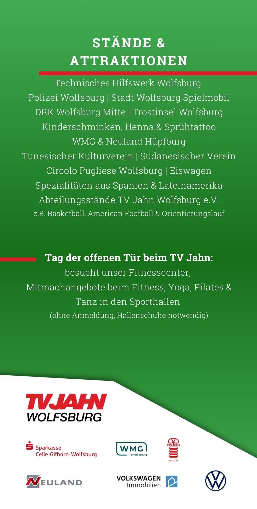 Familienfest Stadtmitte Flyer Rueckseite mit Auflistung der Angebote und Sponsoren
